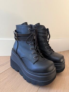Black Platform Lace-Up Ankle Boots with Buckle Straps